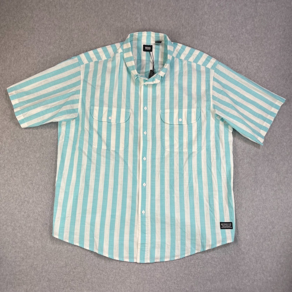 Levis Short Sleeve Shirt Mens XL Blue White Stripe Button Up Casual Denim